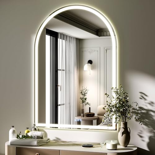 BEAUTYPEAK 40x30 LED Arch Bathroom Mirror with Lights, Backlit + Front Lit | Anti-Fog, Dimmable, Lighted Bathroom Vanity Mirror for Wall, 3 Colors, Memory Function, Tempered Glass, Shatter-Proof - color: White-arched, size: 40"L x 30"W