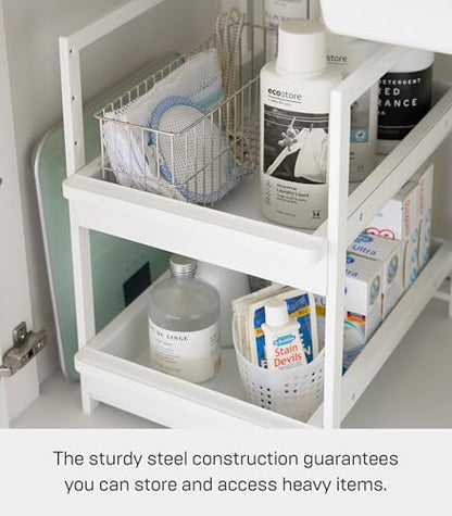 Yamazaki Home Under-Sink Rack, Two-Tier with Pull-Out Shelf, Steel, White | Versatile under-sink rack features a two-tier organization system with sliding drawers. Adds practical everyday storage. - color: White
