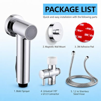 Handheld Bidet Sprayer for Toilet with Magnetic Wall Holder | ABS spray kit with adjustable water pressure, hose and T-valve for feminine hygiene, diaper cleaning and pet washing - color: Silver