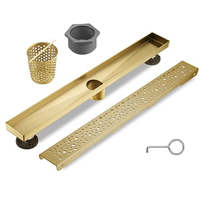 Linear Shower Drain 28 Inch, Bubbles Shower Drain SUS-304 Stainless Steel, 51L/Min Fast Drainage Floor Linear Drain, US Standard CUPC Certified, Zirconium Gold, SD-099 - color: Zirconium Gold, size: 28 Inch
