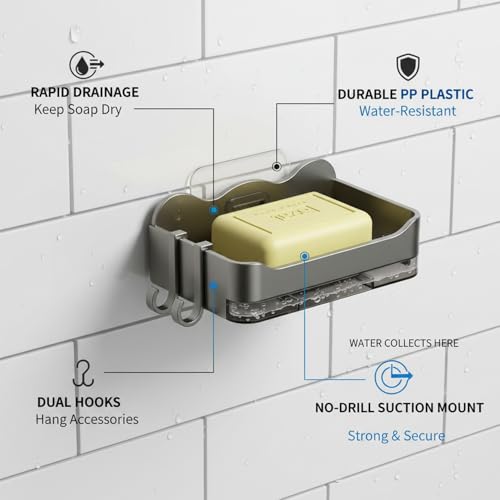 Suction Cup Soap Dish, Double Layer Wall Mount Holder for Shower & Sink, No Drill PP Plastic Drainage Tray (1 Pack) - color: Metallic