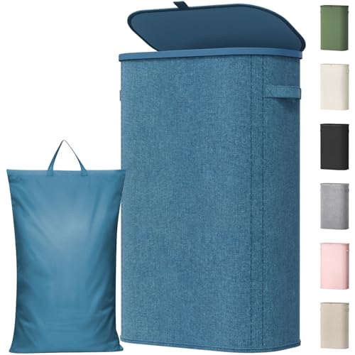 Lifewit Slim Laundry Basket with Lid, Narrow Large Laundry Hamper with Plastic Handles and Removable Bag, Tall Foldable Dirty Clothes Hampers for Laundry Room, Bedroom, Bathroom, Dorm, 65L Dark Blue - color: Dark Blue, size: 65L