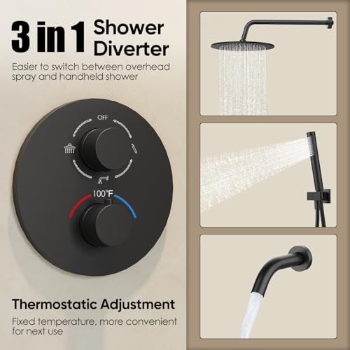 Gabrylly 10" Thermostatic Shower Faucets Set with Tub Spout, Matte Black | All Metal Shower System, Rain Shower Head with Handheld Spray Combo, Luxury Bathroom Rainfall Shower Head Set With Valve - color: Matte Black