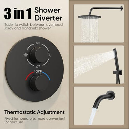 Gabrylly 10" Thermostatic Shower Faucets Set with Tub Spout, Matte Black | All Metal Shower System, Rain Shower Head with Handheld Spray Combo, Luxury Bathroom Rainfall Shower Head Set With Valve - color: Matte Black
