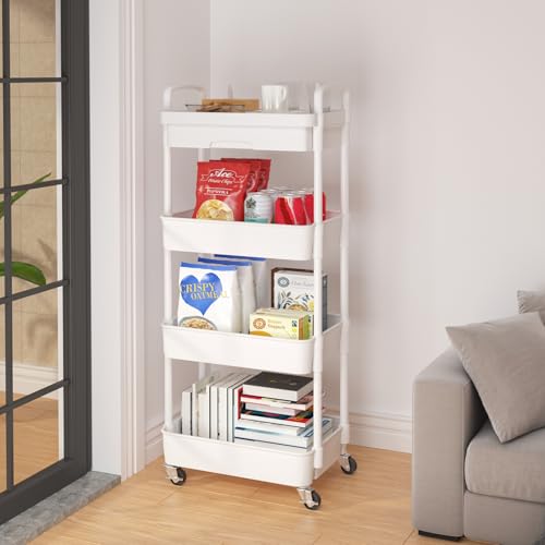 Calmootey 4-Tier Rolling Utility Cart with Drawer,Multifunctional Storage Organizer with Plastic Shelf & Metal Wheel,Storage Cart for Kitchen,Bathroom,Living Room,Office,White | Space-Saving Organizer, Sturdy Plastic Shelves, Smooth-Rolling Metal Wheels,