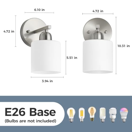 Brushed Nickel Bathroom Light, Anti-Rust Finish 2PCS Light Bathroom Vanity Light Brushed Nickel, Milky White Frosted Glass Shades, E26 Socket - color: Nickel & Milky White Glass, size: 1-light(2pack)