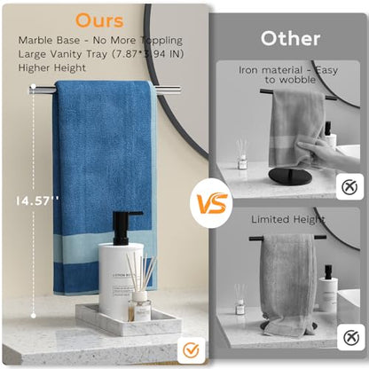 Volnamal 2-in-1 T-Shape Hand Towel Holder for Bathroom Countertop, Silver | Heavy Non-Tipping Towel Holder with Countertop Tray, Extended-Heigher Towel Stand for Standard, Rust-resistance & Durability