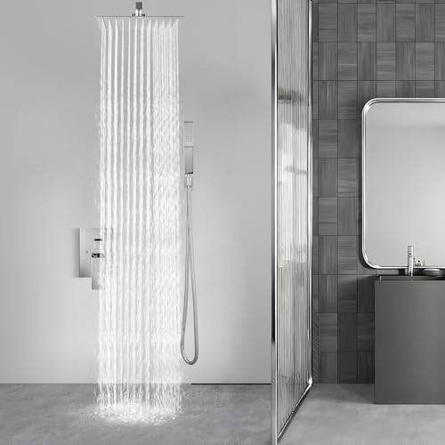Aolemi Shower Faucet Set with Handheld Polish Chrome 16 Inch Head | Pressure Balance Shower Valve and Trim Kit,SUS304 Rain Head and Handle System,All Metal,Wall Mount,Bathroom,Handheld Spray - color: Chrome, size: 16 Inch Wall Mount Shower Head