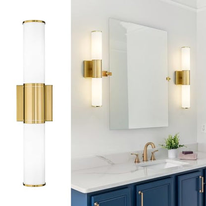 Bathroom Light Fixtures, 2-Light Vanity Lights for Mirror with Milk Glass Shade, Brushed Gold Wall Sconces Up and Down Wall Lamp for Bathroom Bedroom Hallway, VL834-BG-ML | Modern bathroom wall sconces, vertical/horizontal mounting, E26 base, hardwired, b