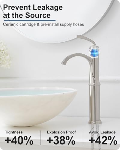 Bathroom Vessel Sink Faucet Brushed Nickel, Brass Tall Waterfall Bathroom Faucet 1 Hole Bathroom Sink Faucet Single Handle Bathroom Faucets with Water Lines Pop-Up Drain - color: Brushed Nickel