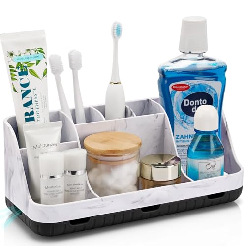 GFWARE Marble Bathroom Countertop Organizer - Detachable 7 Slots Kids Electric Toothbrush and Toothpaste Holde Drainage for Bathroom Accessories Organization Counter Vanity Storage, Black | Detachable 7 Slots Kid Electric Toothbrush and Toothpaste Holder,