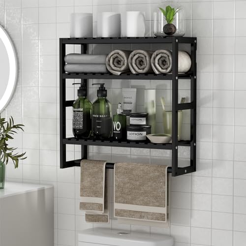 PPN Towel Rack Bathroom Storage Shelves Over The Toilet with Towel Bar 100% Bamboo Adjustable Height Floating Shelf Wall Shower Shelf for Small Space Bathroom Kitchen Multi Usage (Black-1Pack) - color: Black 1pack