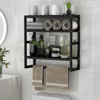PPN Towel Rack Bathroom Storage Shelves Over The Toilet with Towel Bar 100% Bamboo Adjustable Height Floating Shelf Wall Shower Shelf for Small Space Bathroom Kitchen Multi Usage (Black-1Pack) - color: Black 1pack