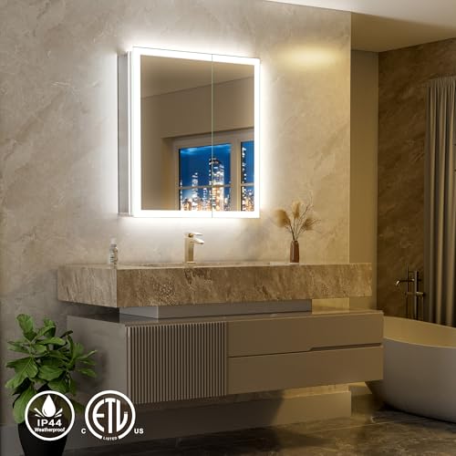 30x32 LED Medicine Cabinet Mirror with Double Lights-Front & Backlit, 155°Soft-close Hinge, Surface or Recessed Dimmable Lighted Medicine Cabinet Mirror with Clock Outlet Inner Light,Anti-fog - size: 30x32'' (Cabinet)