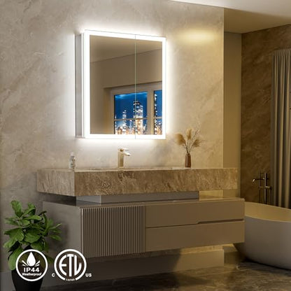 30x32 LED Medicine Cabinet Mirror with Double Lights-Front & Backlit, 155°Soft-close Hinge, Surface or Recessed Dimmable Lighted Medicine Cabinet Mirror with Clock Outlet Inner Light,Anti-fog - size: 30x32'' (Cabinet)