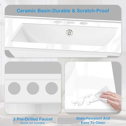 30" Bathroom Vanity with Sink, Solid Wood Frame Modern with Charging Station, Bathroom Single Sink Cabinet with 2 Drawers and 1 Doors, Gold Metal Handles, White - color: White, size: 30 inch