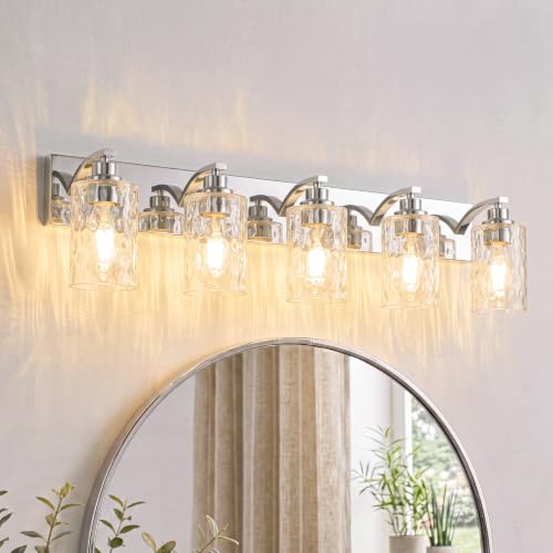 5-Light Bathroom Light Fixtures Modern Chrome Vanity Lights | Easy to Install Clear Hammered Glass Shades, Rippled Glow, Wall Mount Up or Down, E26 Socket, Hardwired, 120V - color: Chrome Hammer, size: 5 Lights