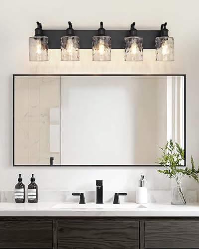 Bathroom Vanity Light Fixtures 5-Light Hammered Glass Modern Wall Mounted Over Mirror Black - VL01BKH-5 - color: Black & Hammered Glass, size: 5 LIGHT