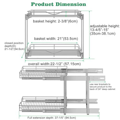 DINDON Pull Out Cabinet Organizer (22-1/2" W x 21-1/2"D), Cabinet Pull Out Shelves, 2 Tier Pull Out Drawers for Kitchen Cabinets, Wire Basket Slide Out Shelf, Pot and Pan Organizer - size: 22-1/2" W X 21-1/2" D
