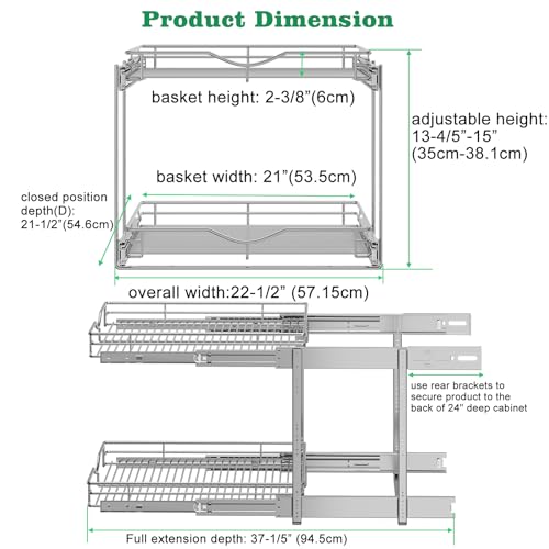 DINDON Pull Out Cabinet Organizer (22-1/2" W x 21-1/2"D), Cabinet Pull Out Shelves, 2 Tier Pull Out Drawers for Kitchen Cabinets, Wire Basket Slide Out Shelf, Pot and Pan Organizer - size: 22-1/2" W X 21-1/2" D