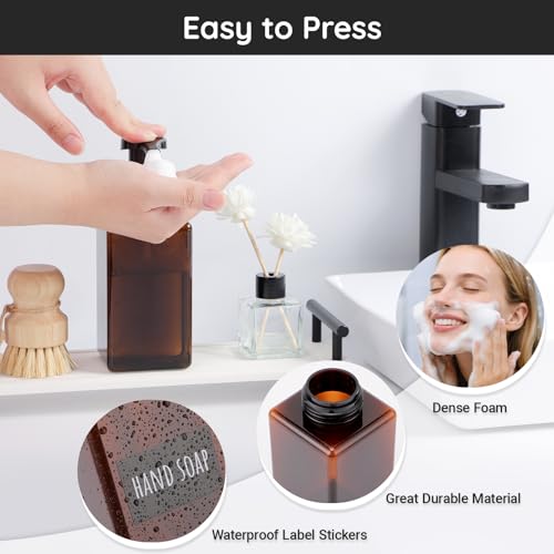 Segbeauty 15.2oz Amber Plastic Refillable Foaming Soap Dispenser Pump Bottle for Bathroom, 4pcs Empty Shampoo Foamer Bottle with Foaming Pump, 450ml Square Kitchen Liquid Soap Dispenser with Labels - color: Amber, style: 4pcs 15.2oz