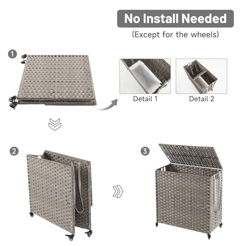 Laundry Hamper with Wheels, 39.6 Gallon(150L) Rolling Laundry Basket with Lid, Removable Large 2 Color Liners & 3 Mesh Laundry Bags, Clothes Hamper with Side Pocket, Grey - color: Grey, size: 23.62"L x 15.75"W x 25.6"H
