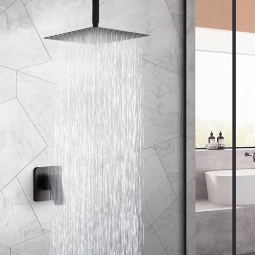 Matte Black Shower Faucet Set, Bathroom Rainfall Shower System with Stainless Steel Metal Showerhead, Single Function Shower Trim Kit with Rough-in Valve - color: Black, size: 10 Inch (Ceiling Mount)