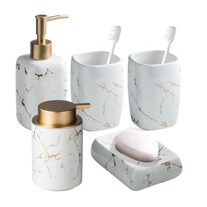 Marble Bathroom Accessories Set, 5 Pieces Ceramic Bathroom Accessories Set with Bathroom Soap and Toothbrush Holder Set Soap Dispenser, 2 Mouthwash Cups, Modern Bathroom Accessory Set