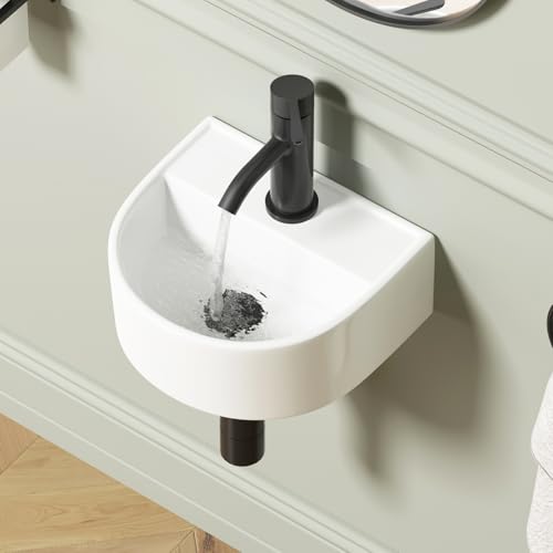 Wall Hung Bathroom Vessel Sink, QISHKA 12.5" X 11.5" Semi-Oval Floating Ceramic Wash Hand Basin White Wall Mount Vanity Sink for Small Bathroom and Small Cloakroom - size: 12.5" x 11.5" x 5.2"