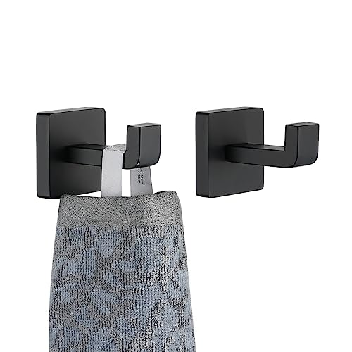 JQK Bathroom Towel Hook Black, Coat Robe Clothes Bath Wall Hooks for Kitchen Garage SUS 304 Stainless Steel Thick 0.8mm, 2 Pack Matte Black, TH250-PB-P2 - color: Matte Black