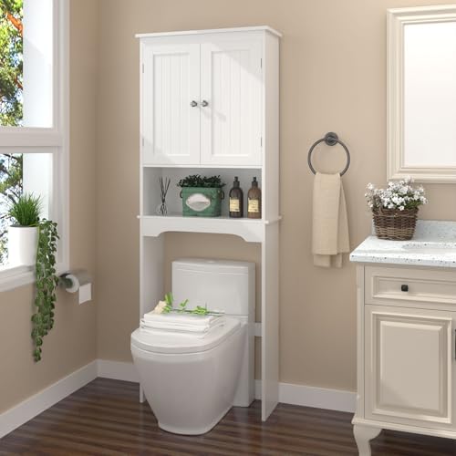 Over the Toilet Storage Cabinet with Double Doors, White Bathroom Storage Cabinets Above Toilet with Adjustable Shelf, Slim Narrow Toilet Rack for Bathroom, White (MDF)
