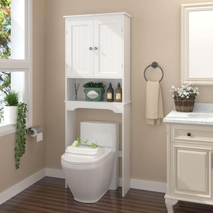 Over the Toilet Storage Cabinet with Double Doors, White Bathroom Storage Cabinets Above Toilet with Adjustable Shelf, Slim Narrow Toilet Rack for Bathroom, White (MDF)