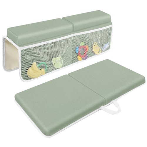 JJGoo Bath Kneeler with Elbow Rest Pad Set, 1.5 inch Kneeling Pad Mat for Bathtub Baby Bathing Parents, Painless Foam Mat with Toy Organizer Pockets, Non-Slip for Baby and Toddler Bathing - color: Green
