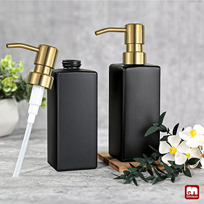 GMISUN Gold Soap Dispenser, Black Soap Dispenser Bathroom with Stainless Steel Pump, Hand and Dish Soap Dispensers Set for Kitchen, 12 fl oz/350ml Glass Liquid Refillable Lotion Dispenser Bottle - color: Black Bottle + Gold Pump