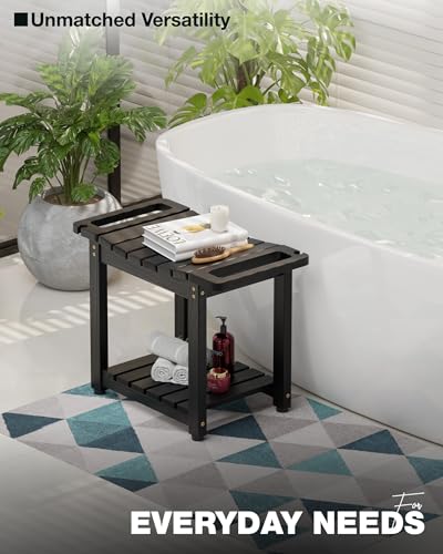 Bluewest 23.4I NCH Shower Bench Seat with Storage Shelf and Handle, Black | Waterproof Bathroom Spa Bench for Sitting Inside the Shower and Shaving Legs, with a Built-In Handle and Shower Head Holder. - size: 2 Tier - Black