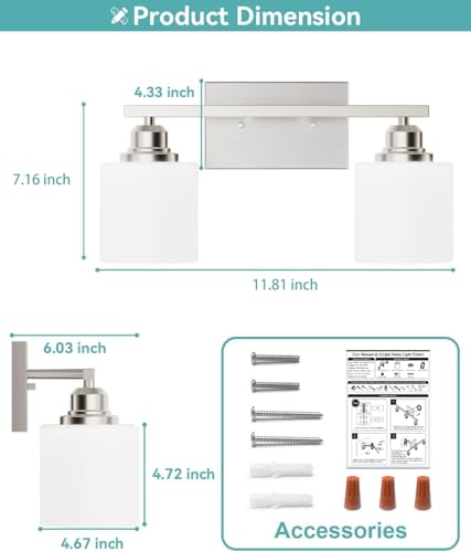Bathroom Light Fixtures 2-Light, Brushed Nickel Vanity Lights Fixtures, Modern Bathroom Vanity Light Over Mirror, Milky White Glass Shade & Anti-Rust Nickel Finished, Small Bathroom Light - color: Brushed Nickel-2 Light