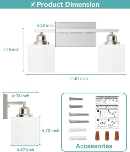 Bathroom Light Fixtures 2-Light, Brushed Nickel Vanity Lights Fixtures, Modern Bathroom Vanity Light Over Mirror, Milky White Glass Shade & Anti-Rust Nickel Finished, Small Bathroom Light - color: Brushed Nickel-2 Light