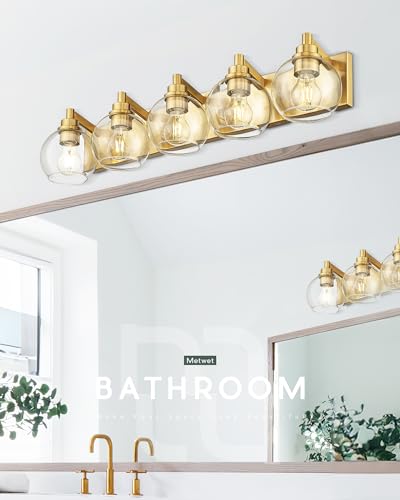 5-Light Brushed Gold Bathroom Vanity Light, Clear Glass Globe Shade | 32" modern bathroom light fixtures over mirror, E26 base, bulbs not included, VL195-BG-CL-5 - color: Brushed Gold, Clear Glass, size: 5-light