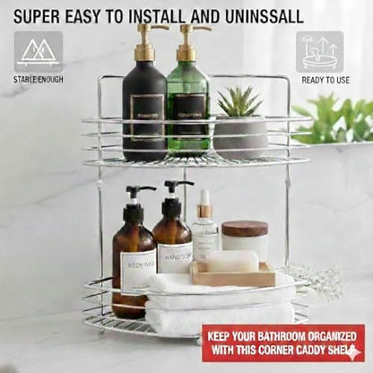 2-Tier Floor Standing Shower Caddy - Stainless Steel Bathroom Organizer Includes Screws and Anchors - Large Freestanding or Wall-Mounted Caddy - Silver - style: TRIANGLE 2-LAYER