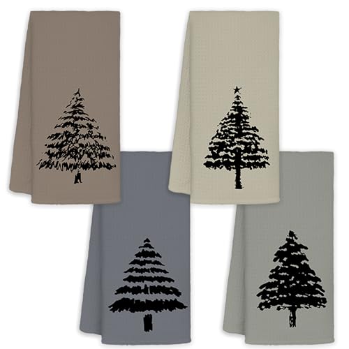 JINYO Boho Neutral Christmas Kitchen Towels, Modern Winter Black Christmas Tree Decorative Hand Towels for Bathroom Kitchen, Rustic Neutral Pine Tree Decorative Dish Tea Towels, 16x24 Inch Set of 4 - color: Christmas Towels-five