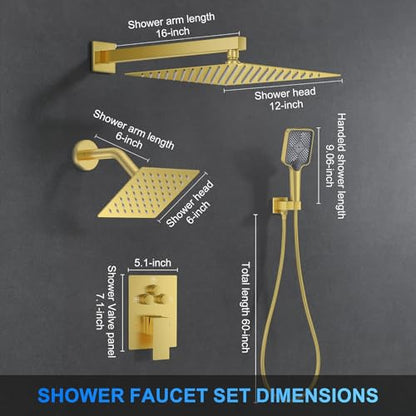 Woindo Shower Faucet Set, 12" Wall Mount Rainfall Shower System with 2 Rain Shower Head and Multi-function Handheld Head Push Button Diverter Shower Faucet Trim Kit - color: Brushed Gold, style: 12"-Wall-01