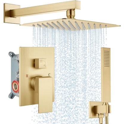 Midanya Shower Faucet Set with Handheld Sprayer,10 Inch,Brushed Gold | Rough-in Shower Valve and Trim Kit Included,Square Rain Head,Wall Mount Shower System,All Metal,Bathroom - color: Gold, size: 10 Inch