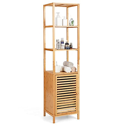 Tall Bamboo Cabinet, Narrow Bathroom Floor Storage Cabinet with 3 Tier Shelves & Shutter Door, Slim Linen Tower Cabinet for Living Room or Kitchen, 15.5 x 14.5 x 65 inches