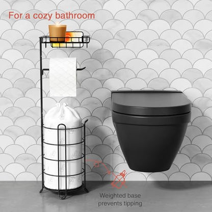 Goozii Matte Black Free Standing Toilet Paper Holder Stand with Shelf, Freestanding Bathroom Tissue Dispenser with Wipes Storage, Floor Toilet Paper Holder with Phone Tray for Large Mega Rolls - color: Black