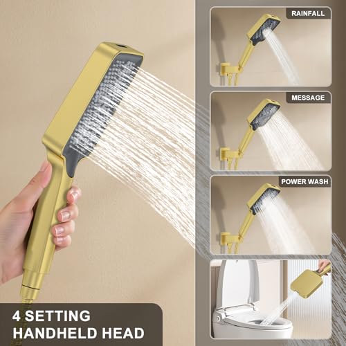 Bathtub Shower System 6-Inch Dual Overhead Rain Showers with 3-Function Handheld Showerhead & Power Jet | Complete Set with Diverter Valve (Brushed Gold)