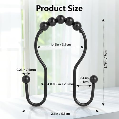 Resze 12PCS Shower Curtain Hooks, Sturdy Metal Shower Curtain Rings(Black) | Glide Roller Double Shower Hooks, Rust Proof Anti-Drop Curtain Hooks, Smooth Sliding Rings for Bathroom Shower Rods Curtains - color: Black