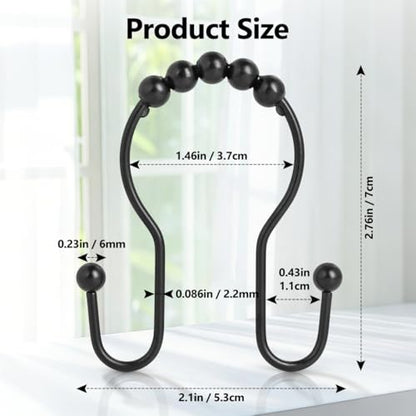 Resze 12PCS Shower Curtain Hooks, Sturdy Metal Shower Curtain Rings(Black) | Glide Roller Double Shower Hooks, Rust Proof Anti-Drop Curtain Hooks, Smooth Sliding Rings for Bathroom Shower Rods Curtains - color: Black