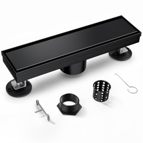 Linear Shower Drain, 304 Stainless Steel with Adjustable Leveling Feet, Hair Strainer,Reversely Install Place to Create an Invisible Floor Drain- Black -12-Inch - color: Matte Black, size: 12inch