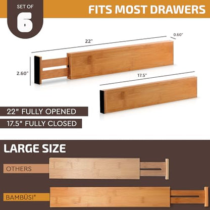 6-Pack Drawer Dividers 2.6-Inch High Dresser Organizer 16 to 22 Inch, White | Bamboo, Spring Loaded, No Tools Needed, Fits Wide Drawers for Socks, Clothes, Utensils, Bedroom, Bathroom, Kitchen, Office - color: White
