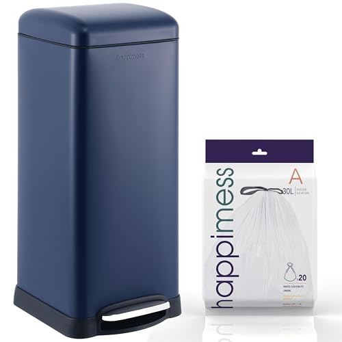 happimess Betty 8 Gal Step Trash Can Soft-Close Lid, Denim Blue | Removable Liner, Semi-Rectangular, Steel Pedal, Iron Powder Coated, 27" Height, Non-Skid Base - color: Denim Blue